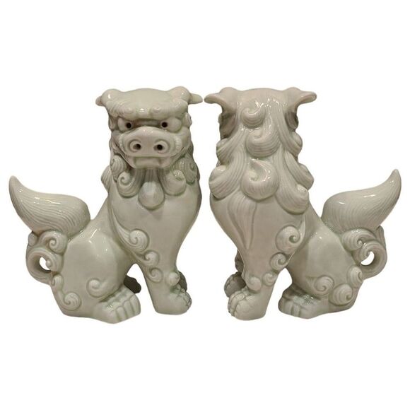 Foo Dogs 6" Green Wash Porcelain Shishi Figurines Vintage Set of 2 Komainu EUC - Picture 3 of 15